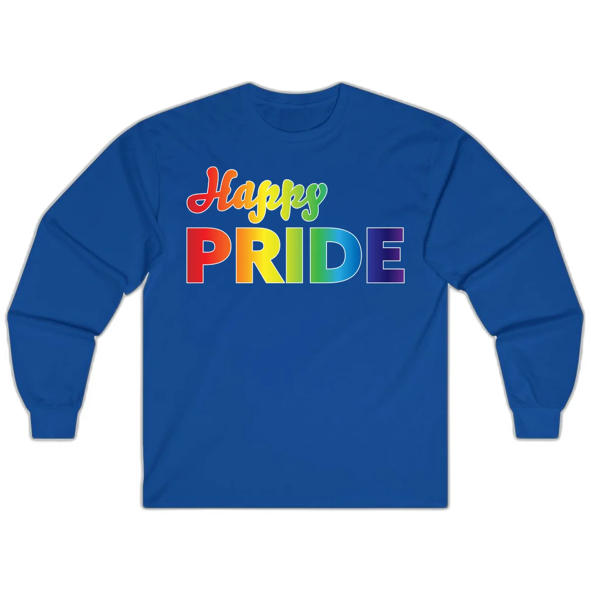 Happy pride rainbow gradient text design with colorful letters transitioning from red to purple in Royal