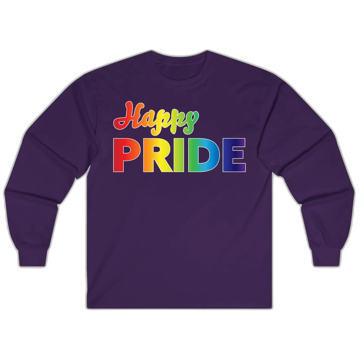 Happy pride rainbow gradient text design with colorful letters transitioning from red to purple in Purple