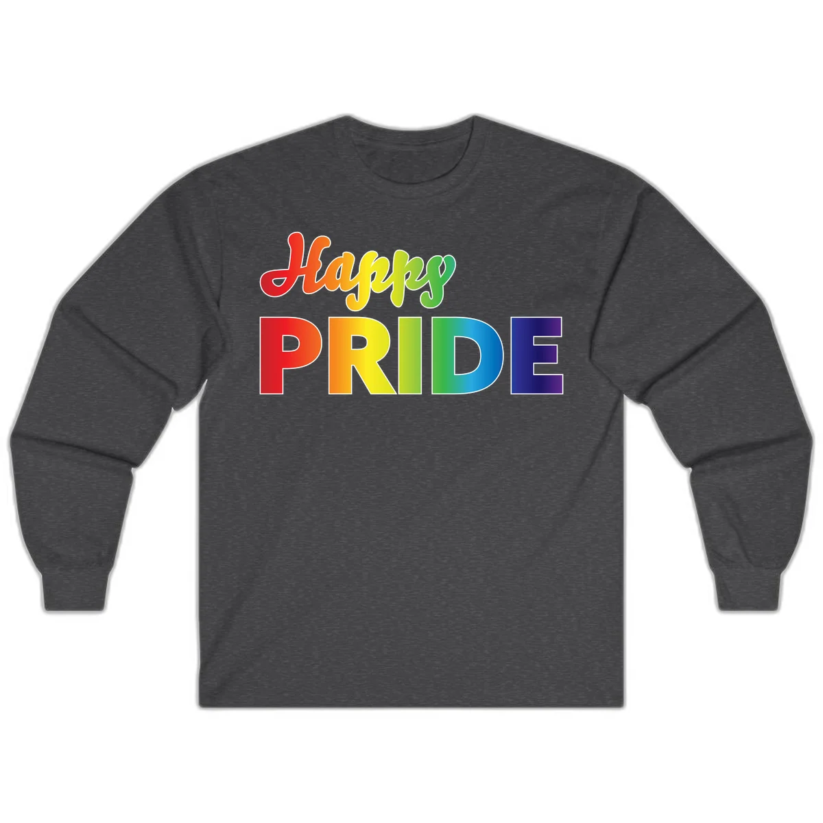 Happy pride rainbow gradient text design with colorful letters transitioning from red to purple in Dark Heather