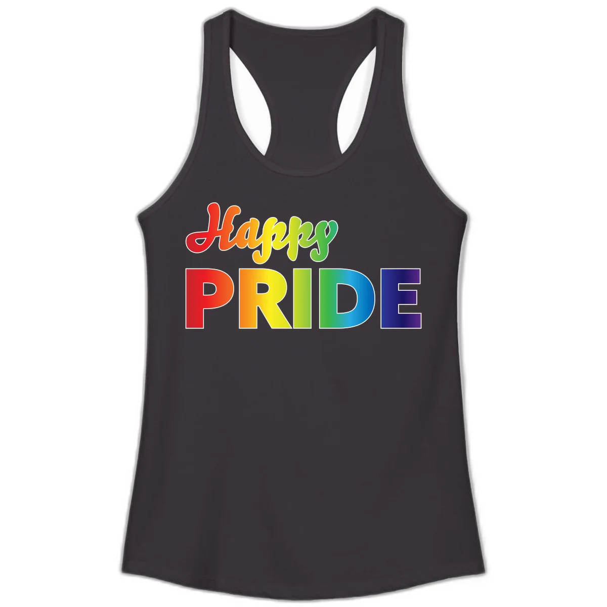 Happy pride rainbow gradient text design with colorful letters transitioning from red to purple in Black