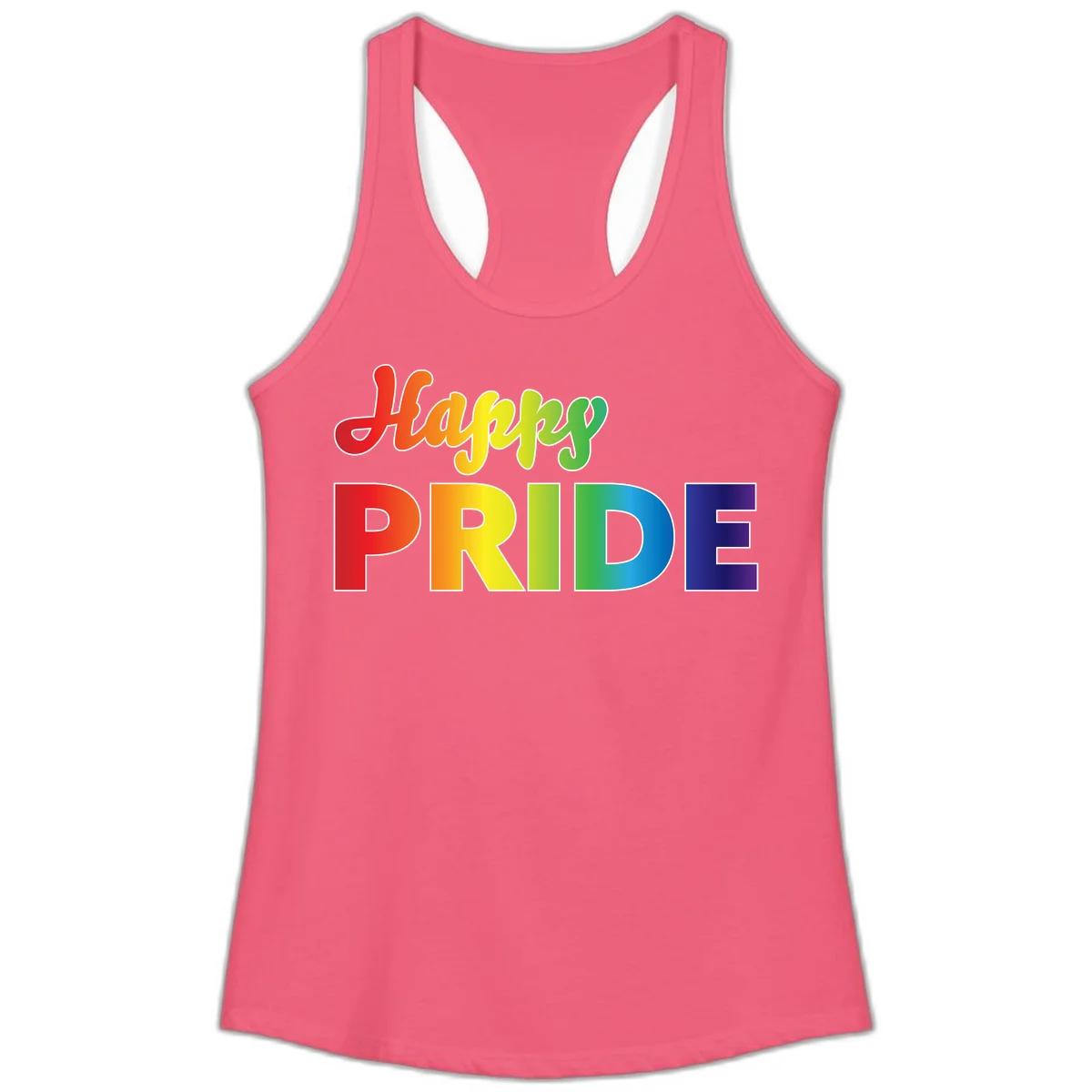 Happy pride rainbow gradient text design with colorful letters transitioning from red to purple in Hot Pink