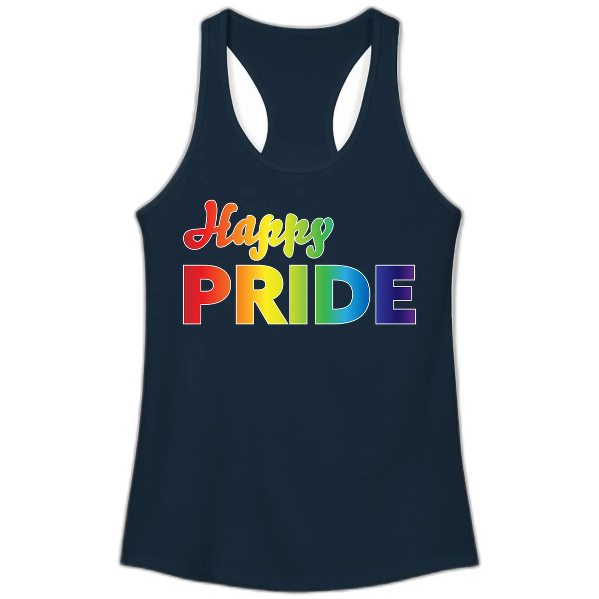 Happy pride rainbow gradient text design with colorful letters transitioning from red to purple in Solid Midnight Navy