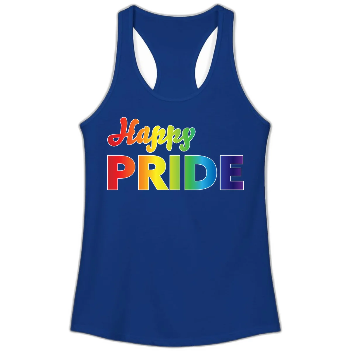 Happy pride rainbow gradient text design with colorful letters transitioning from red to purple in Solid Royal