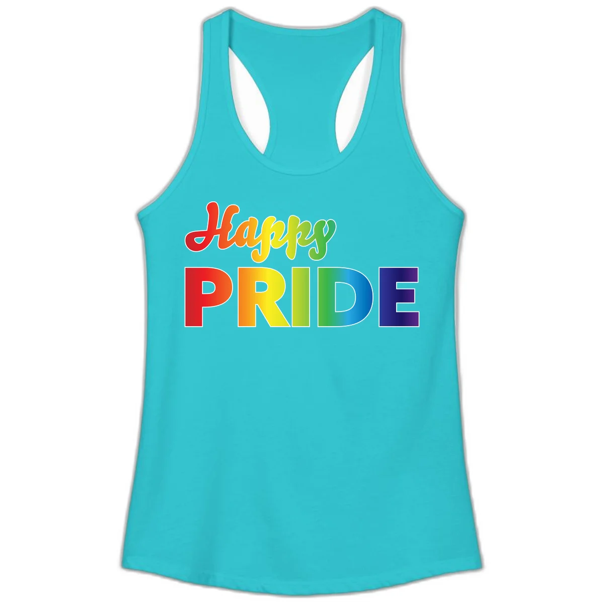 Happy pride rainbow gradient text design with colorful letters transitioning from red to purple in Solid Tahiti Blue
