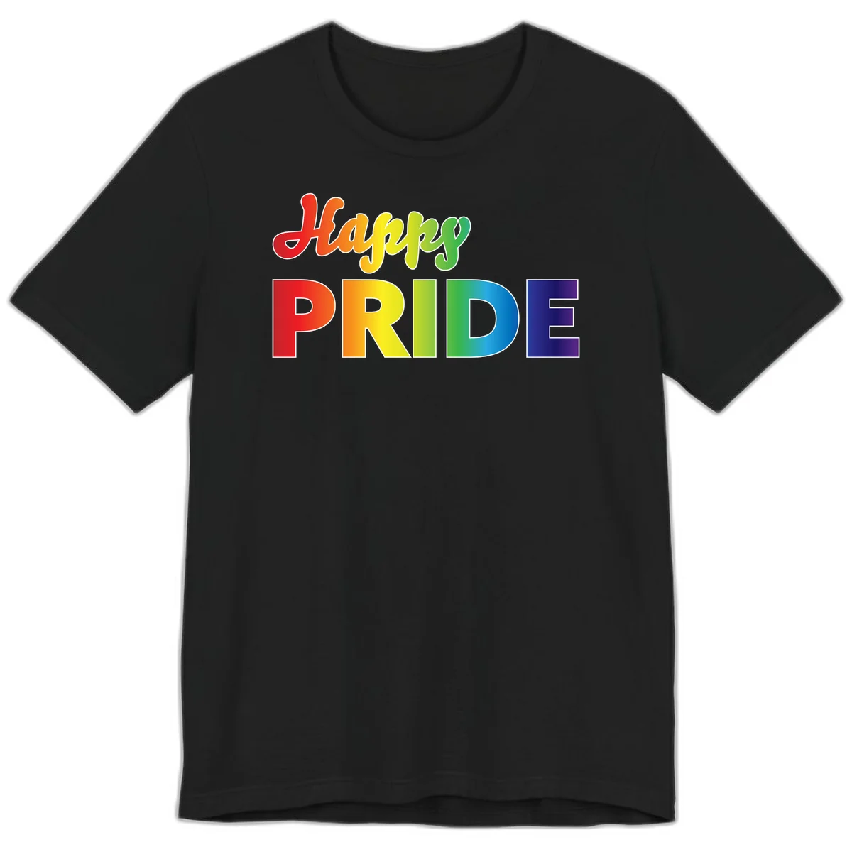 Happy pride rainbow gradient text design with colorful letters transitioning from red to purple in Black