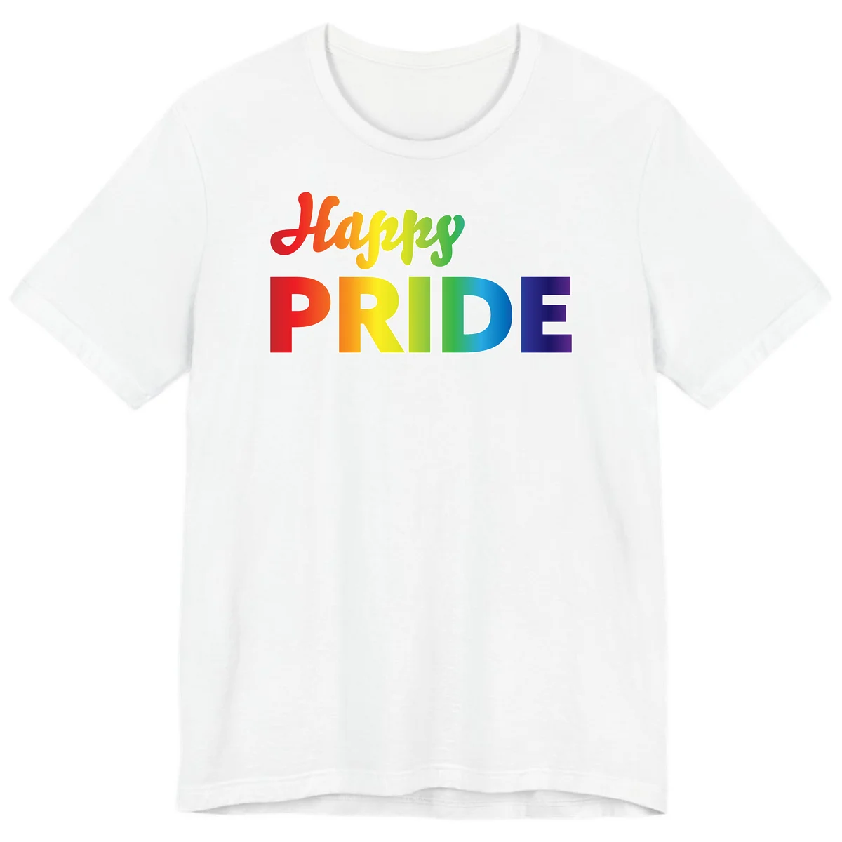 Happy pride rainbow gradient text design with colorful letters transitioning from red to purple in White