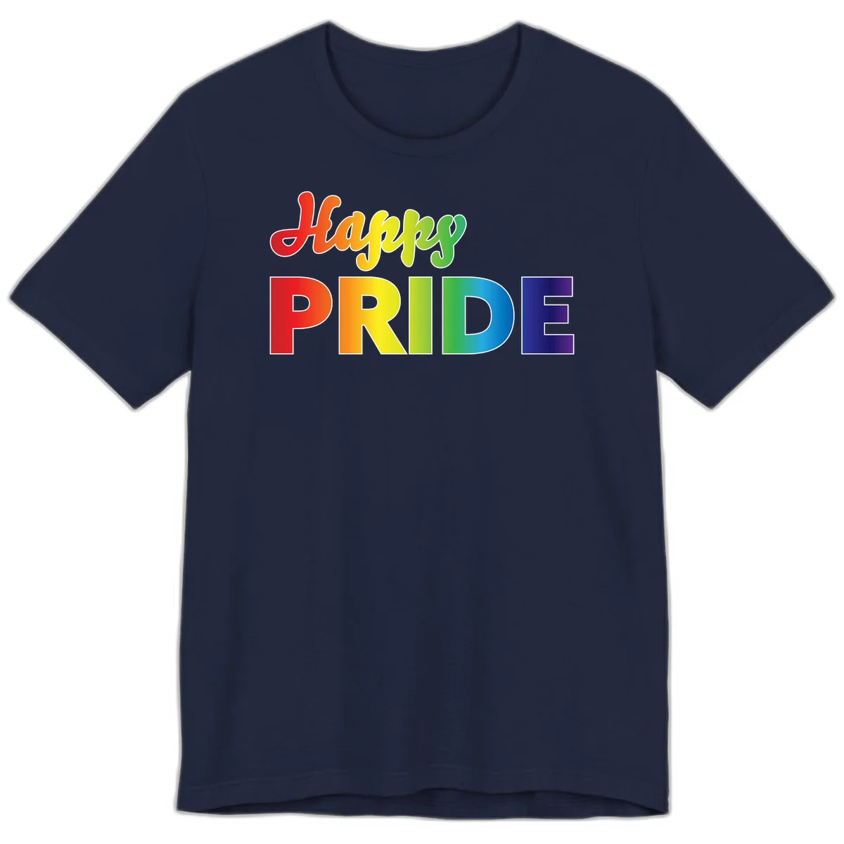 Happy pride rainbow gradient text design with colorful letters transitioning from red to purple in Navy