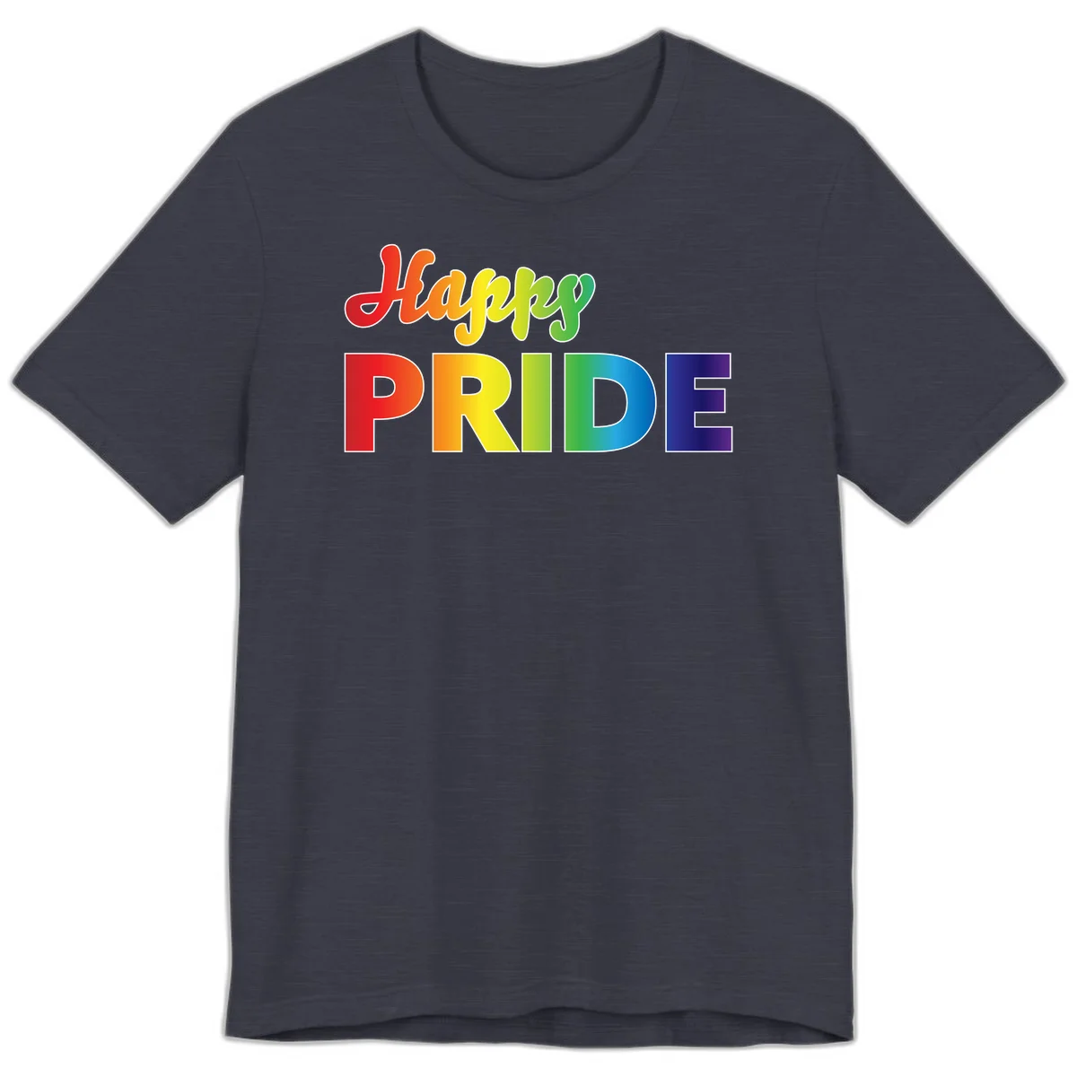 Happy pride rainbow gradient text design with colorful letters transitioning from red to purple in Heather Midnight Navy
