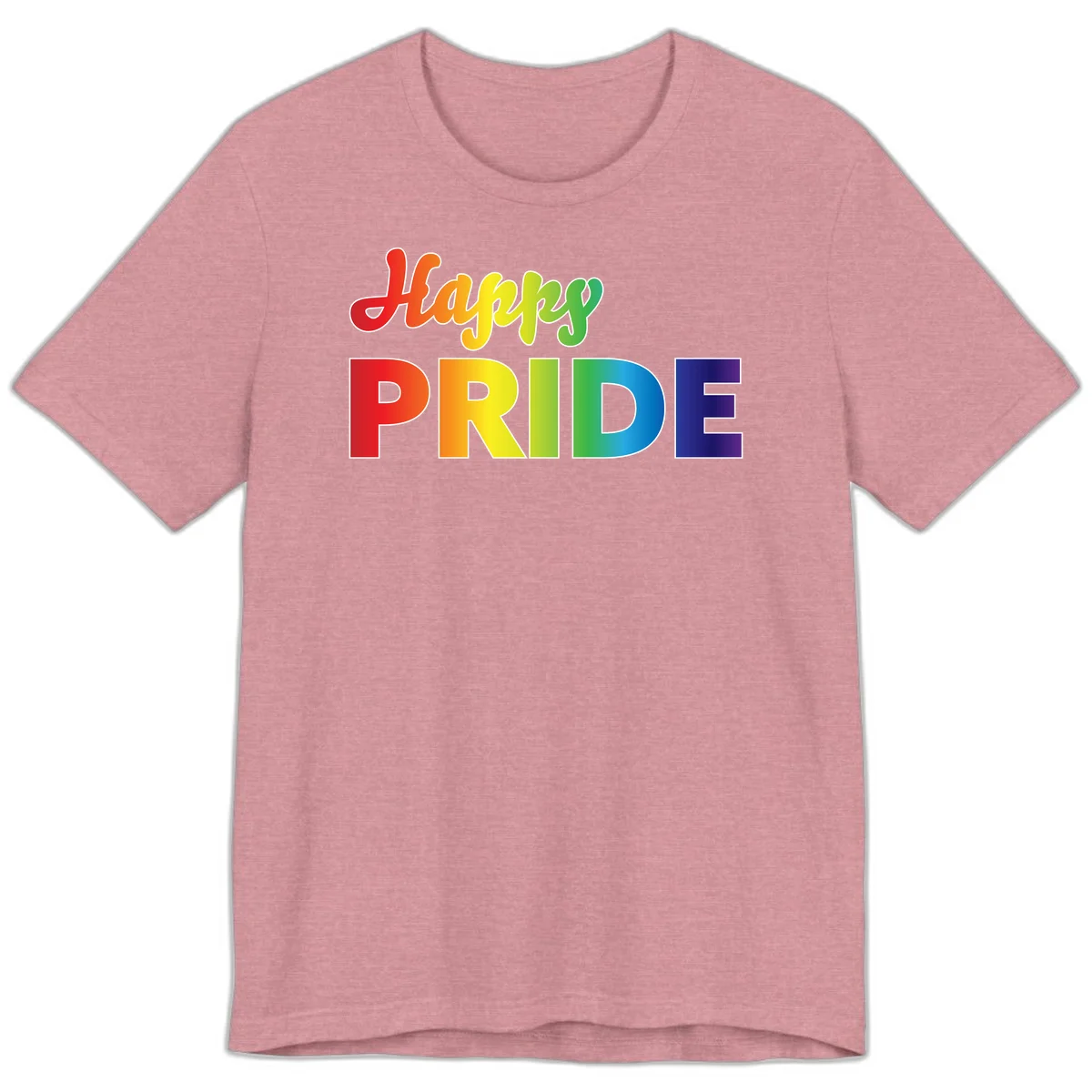 Happy pride rainbow gradient text design with colorful letters transitioning from red to purple in Heather Orchid
