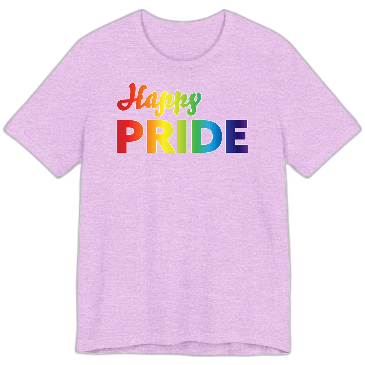 Happy pride rainbow gradient text design with colorful letters transitioning from red to purple in Heather Prism Lilac
