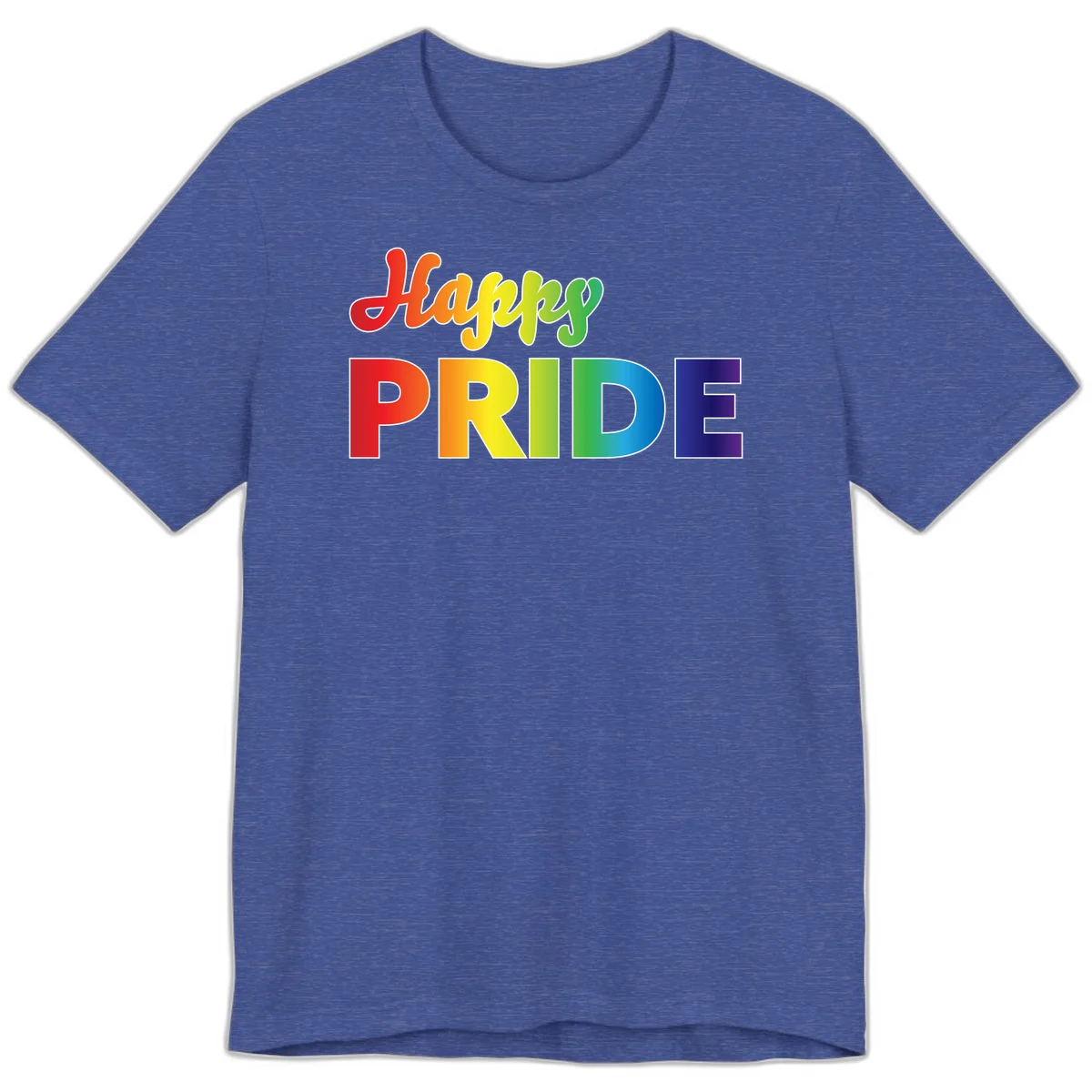 Happy pride rainbow gradient text design with colorful letters transitioning from red to purple in Heather True Royal