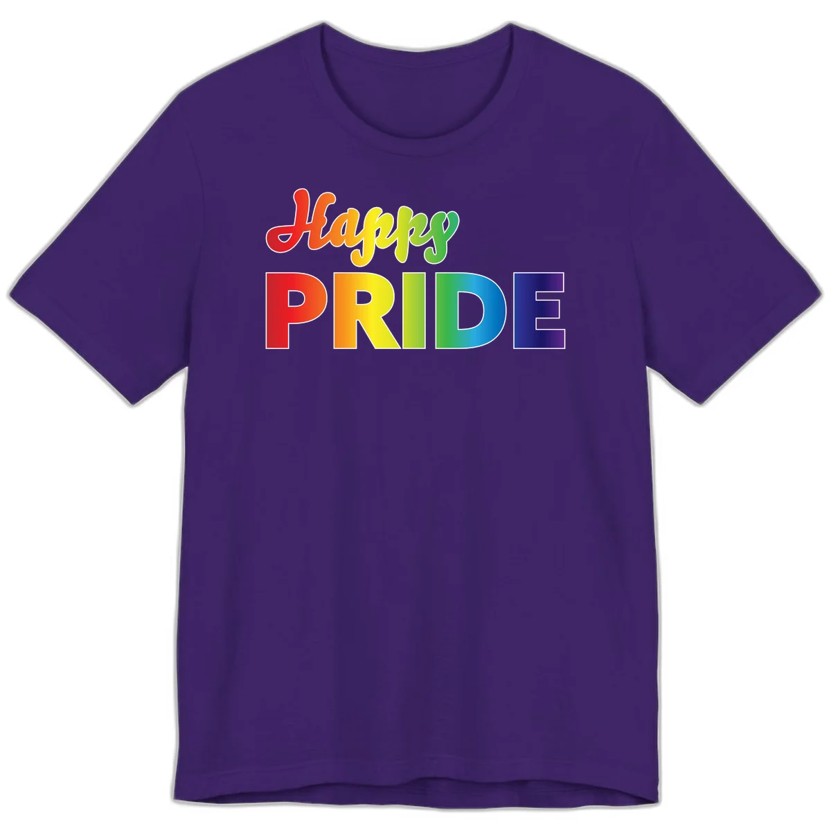 Happy pride rainbow gradient text design with colorful letters transitioning from red to purple in Team Purple