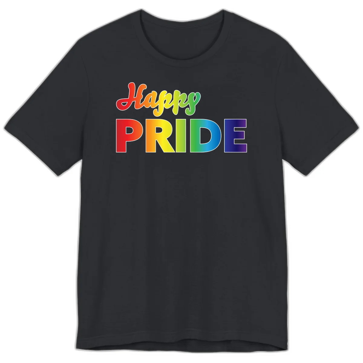 Happy pride rainbow gradient text design with colorful letters transitioning from red to purple in Vintage Black