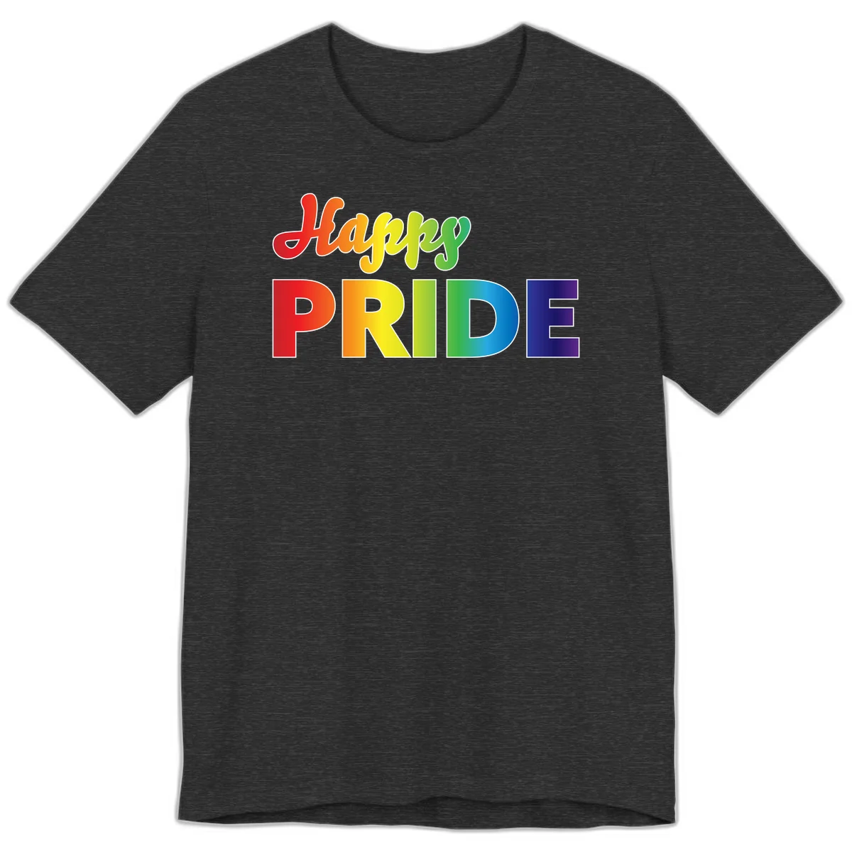 Happy pride rainbow gradient text design with colorful letters transitioning from red to purple in Dark Grey Heather