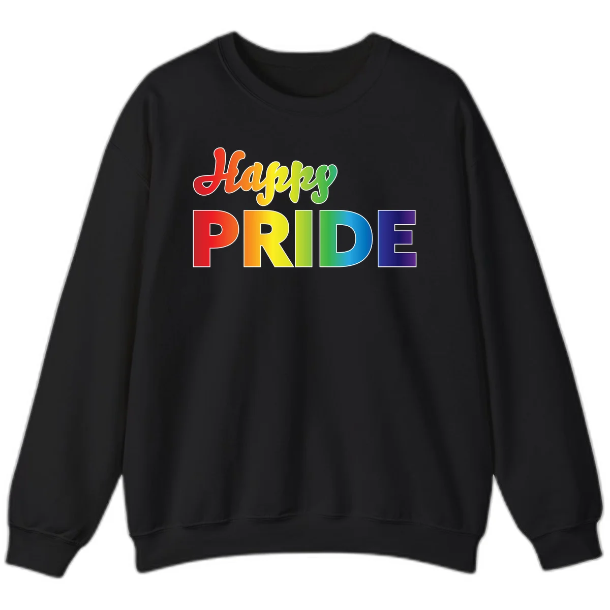 Happy pride rainbow gradient text design with colorful letters transitioning from red to purple in Black