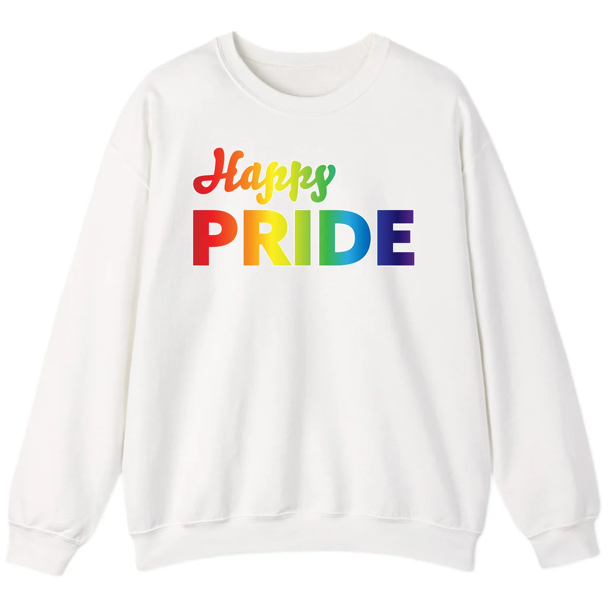 Happy pride rainbow gradient text design with colorful letters transitioning from red to purple in White