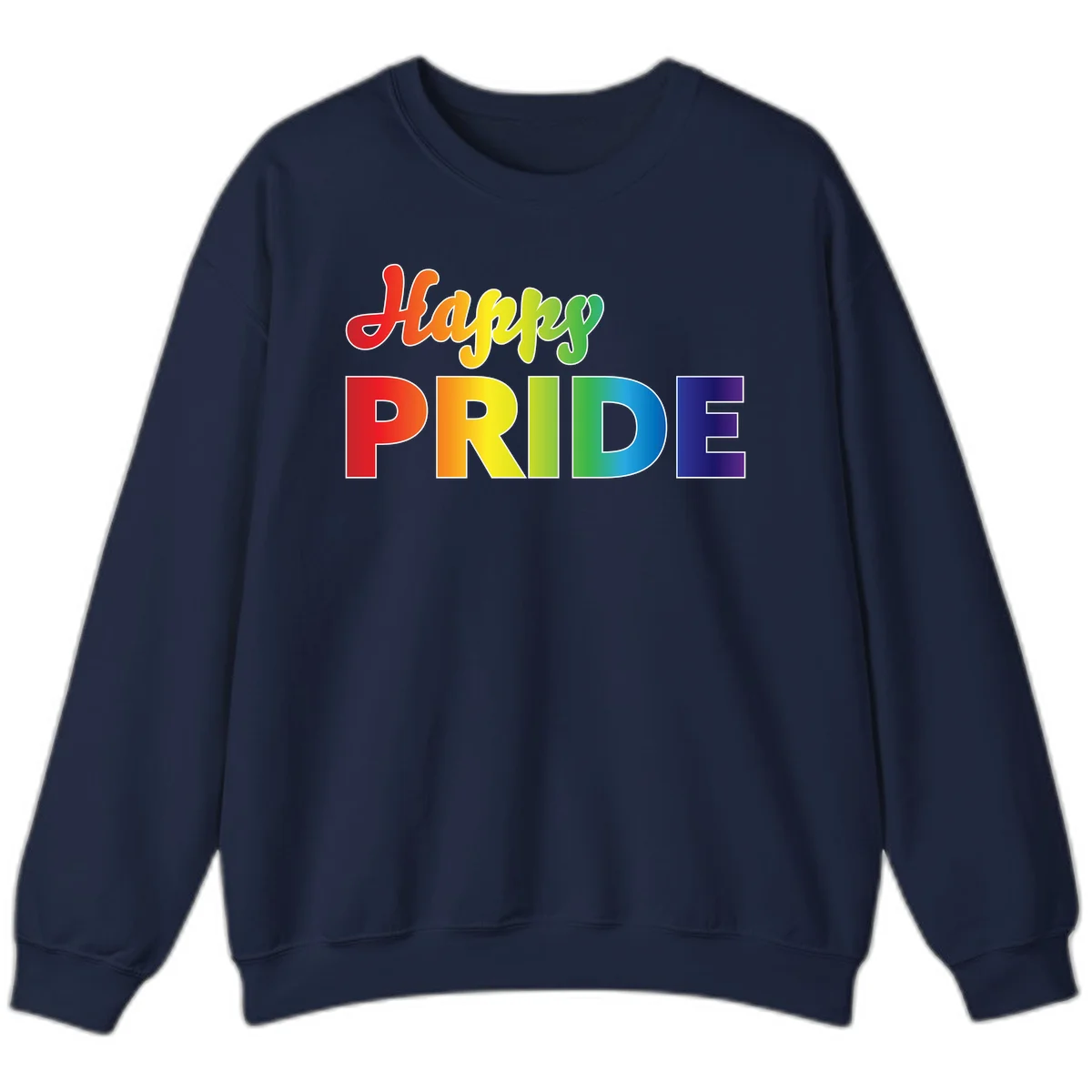 Happy pride rainbow gradient text design with colorful letters transitioning from red to purple in Navy