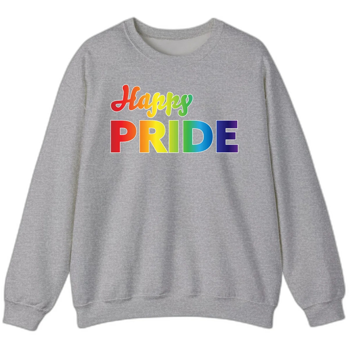 Happy pride rainbow gradient text design with colorful letters transitioning from red to purple in Sport Grey