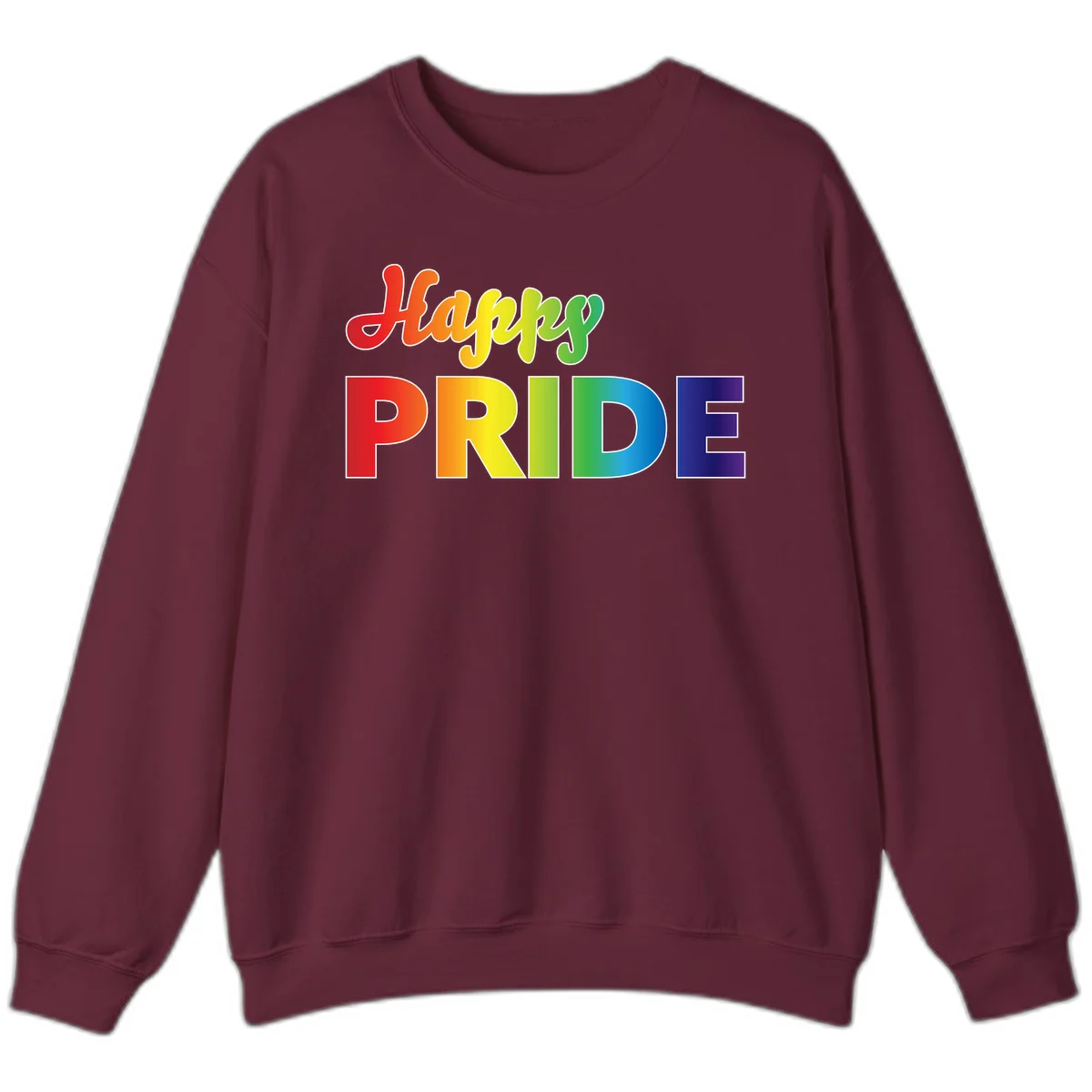Happy pride rainbow gradient text design with colorful letters transitioning from red to purple in Maroon