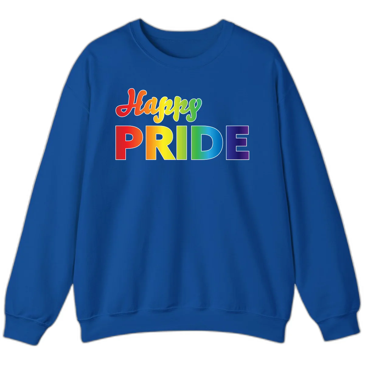 Happy pride rainbow gradient text design with colorful letters transitioning from red to purple in Royal
