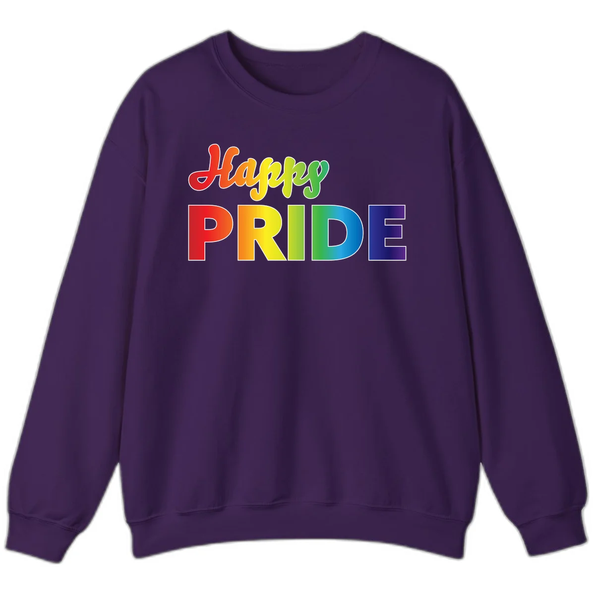 Happy pride rainbow gradient text design with colorful letters transitioning from red to purple in Purple