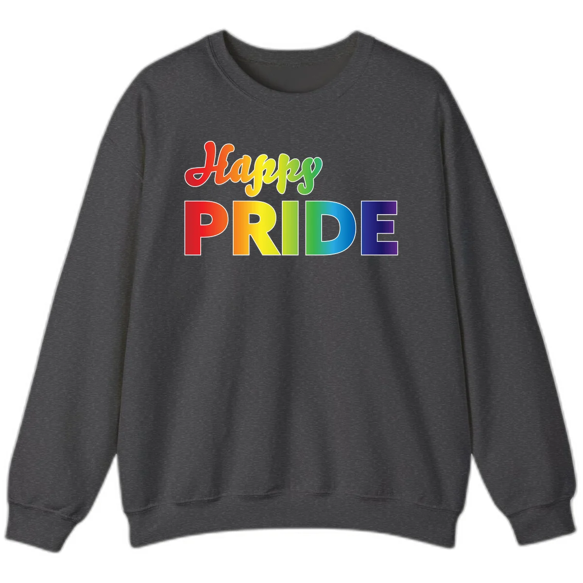 Happy pride rainbow gradient text design with colorful letters transitioning from red to purple in Dark Heather