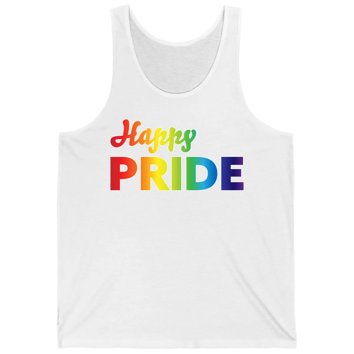 Happy pride rainbow gradient text design with colorful letters transitioning from red to purple in White