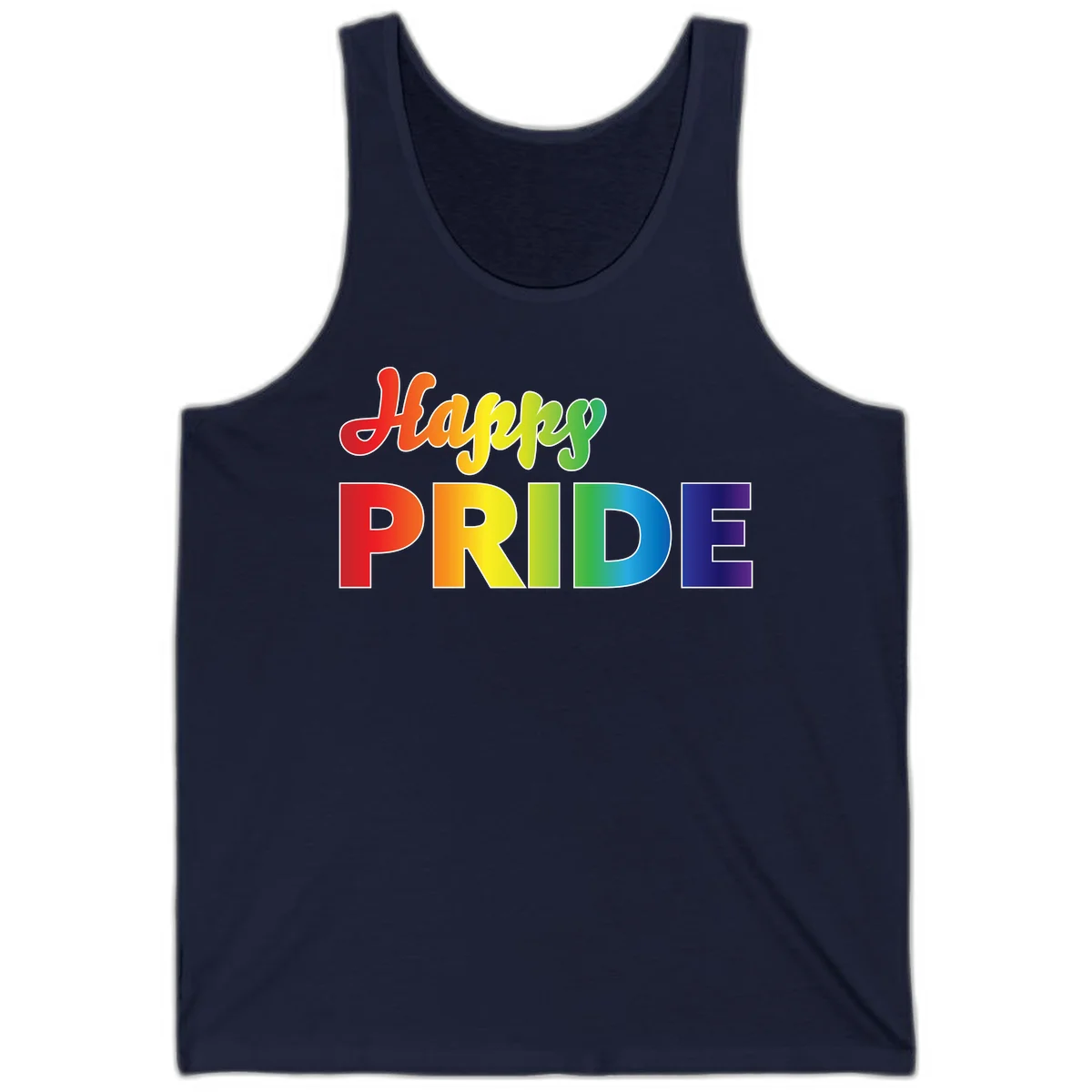 Happy pride rainbow gradient text design with colorful letters transitioning from red to purple in Navy