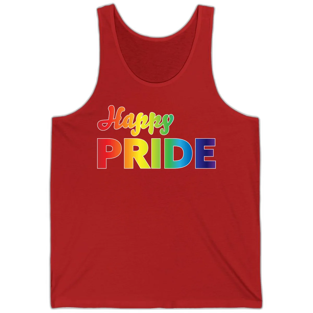 Happy pride rainbow gradient text design with colorful letters transitioning from red to purple in Red