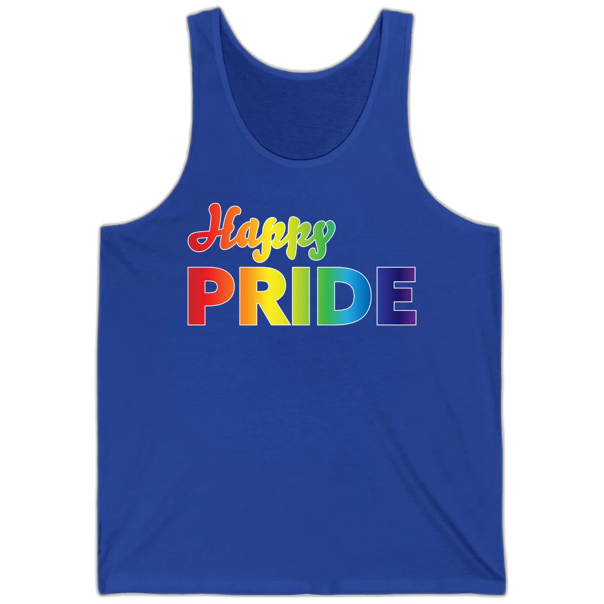 Happy pride rainbow gradient text design with colorful letters transitioning from red to purple in True Royal
