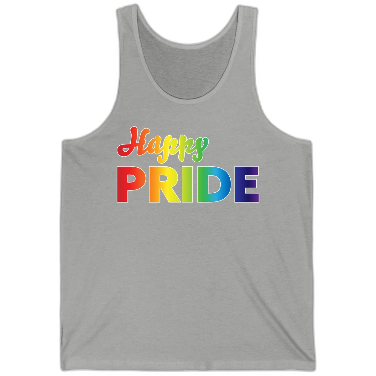 Happy pride rainbow gradient text design with colorful letters transitioning from red to purple in Athletic Heather
