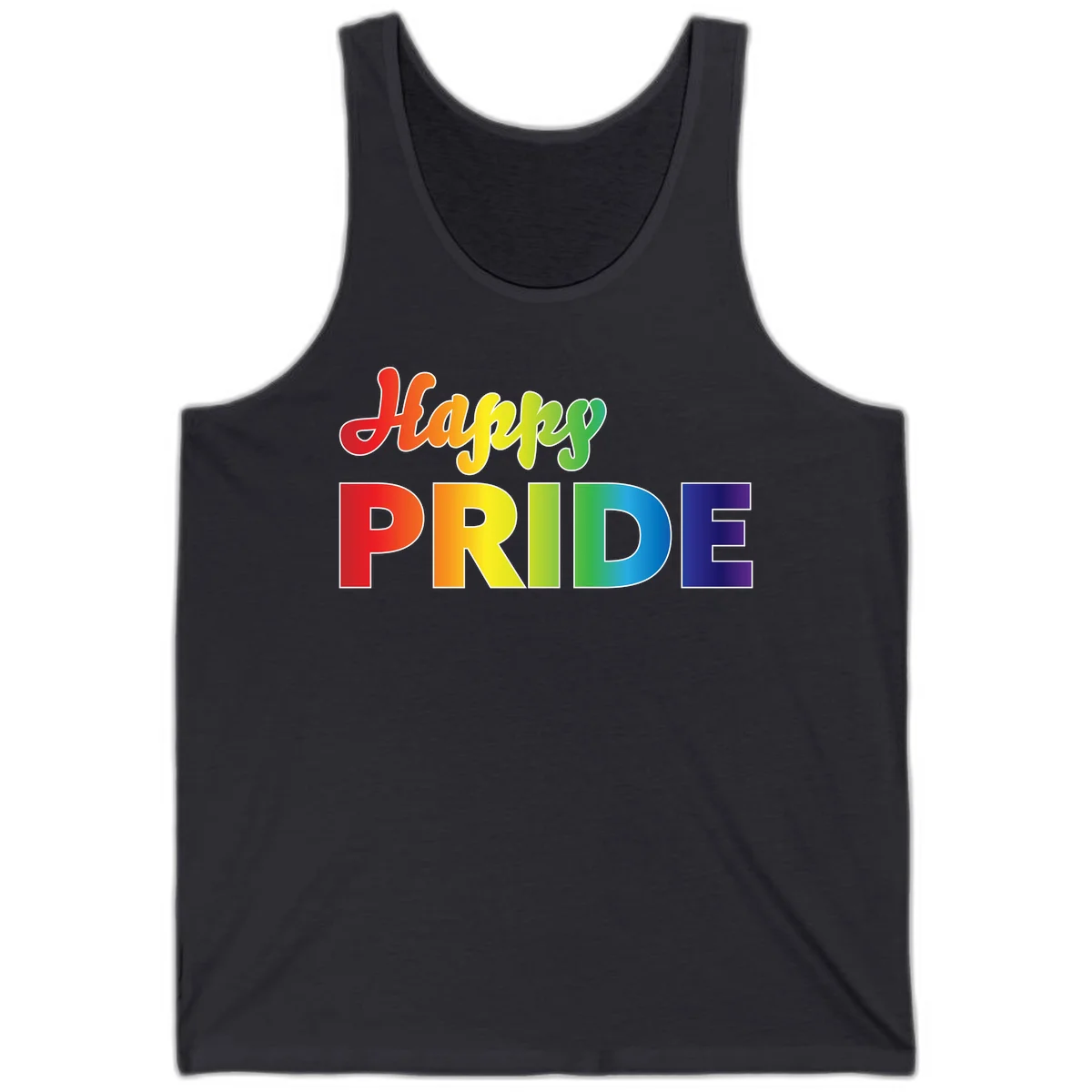 Happy pride rainbow gradient text design with colorful letters transitioning from red to purple in Dark Grey
