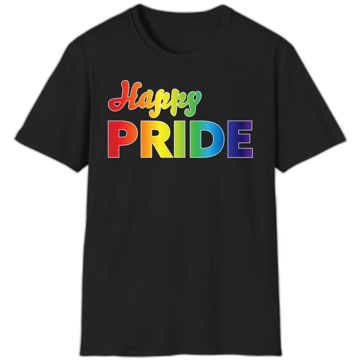 Happy pride rainbow gradient text design with colorful letters transitioning from red to purple in Black