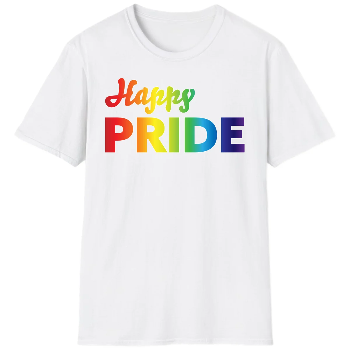 Happy pride rainbow gradient text design with colorful letters transitioning from red to purple in White