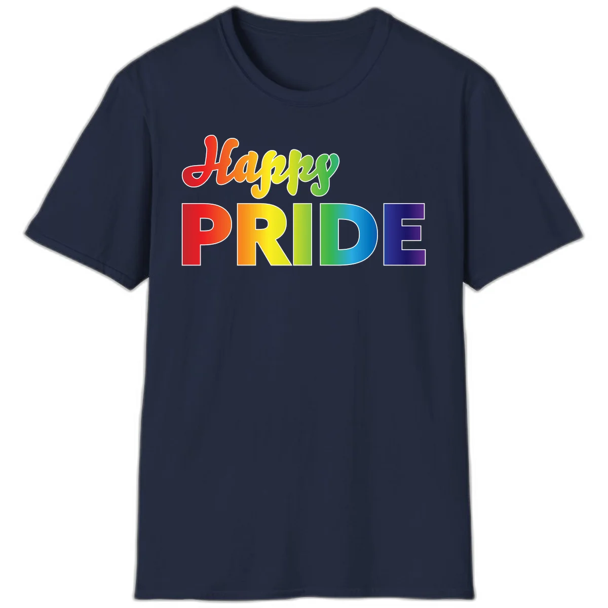 Happy pride rainbow gradient text design with colorful letters transitioning from red to purple in Navy