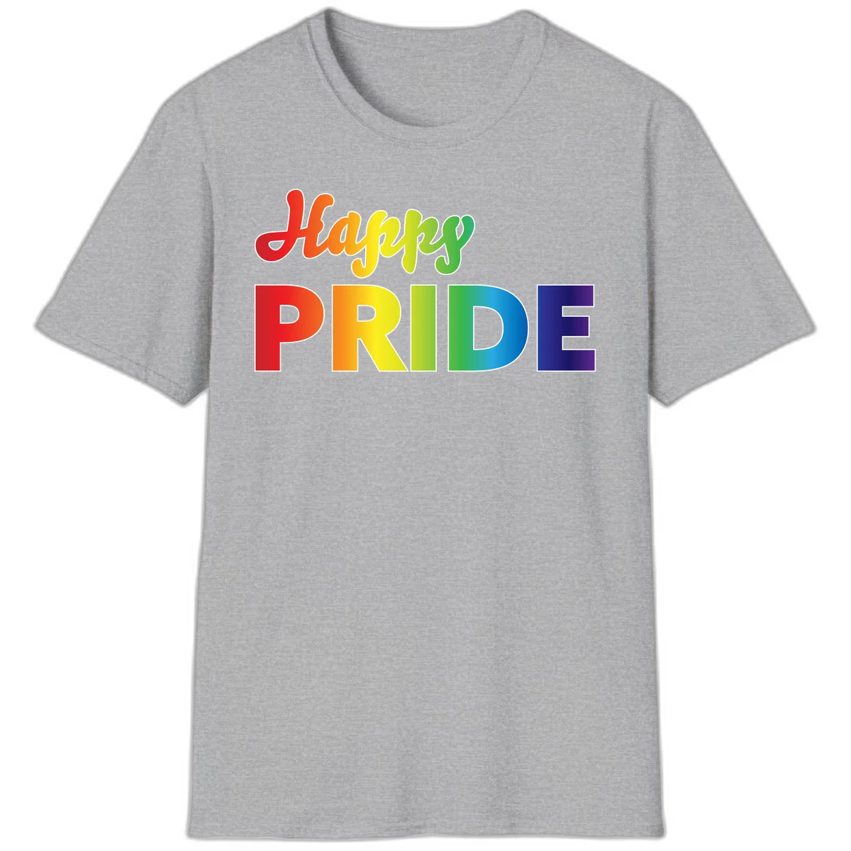 Happy pride rainbow gradient text design with colorful letters transitioning from red to purple in Sport Grey