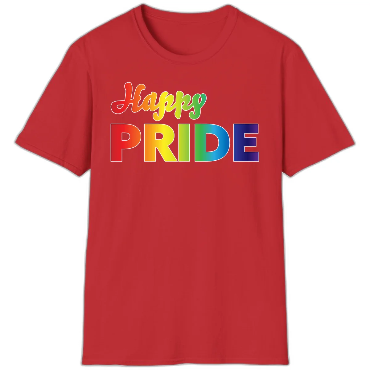 Happy pride rainbow gradient text design with colorful letters transitioning from red to purple in Red
