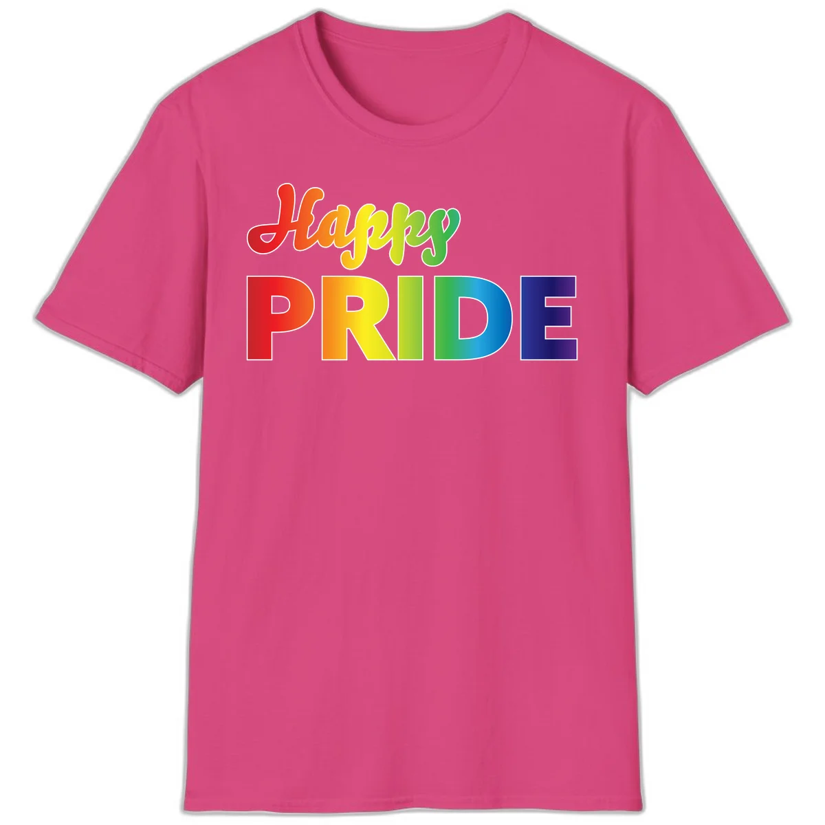 Happy pride rainbow gradient text design with colorful letters transitioning from red to purple in Heliconia