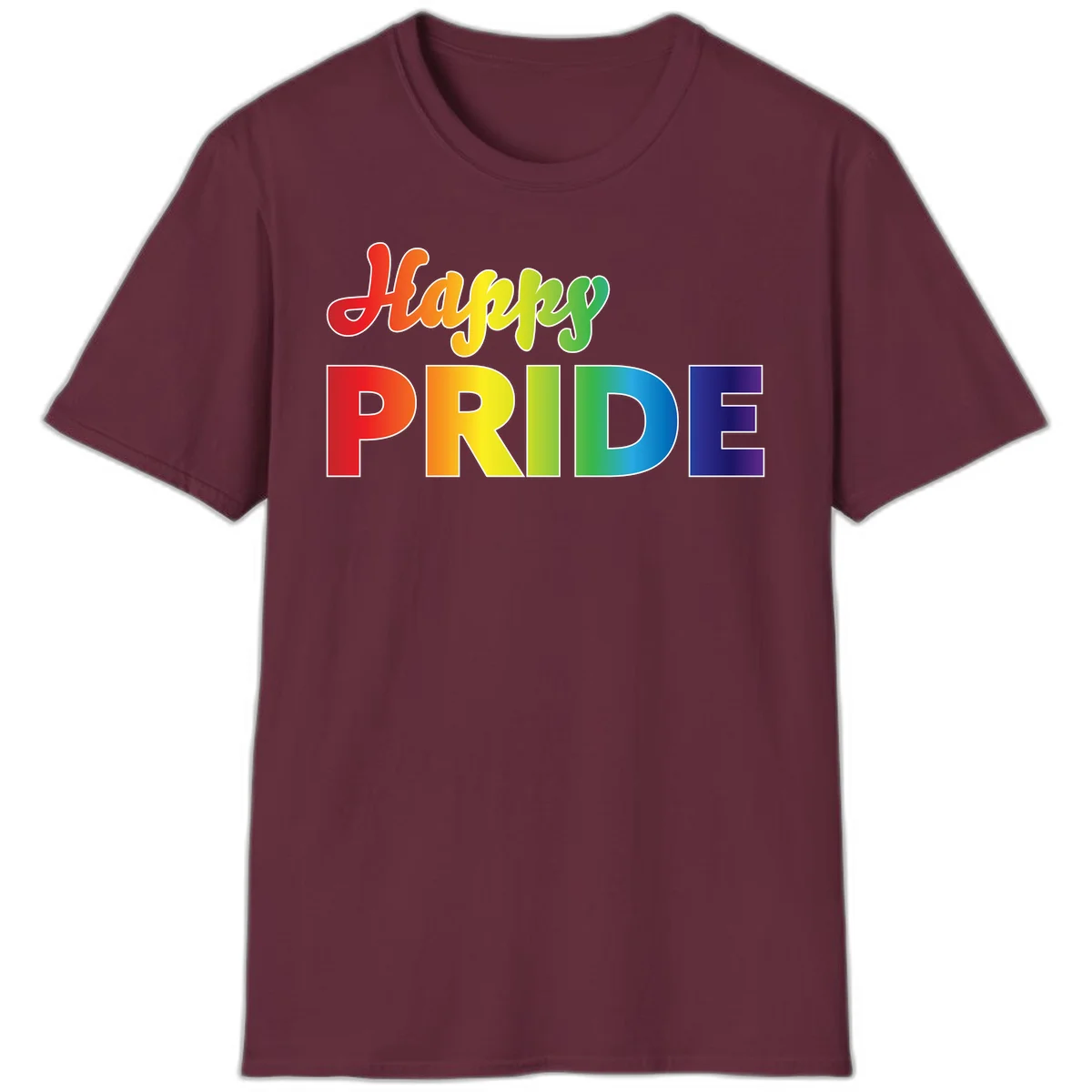 Happy pride rainbow gradient text design with colorful letters transitioning from red to purple in Maroon