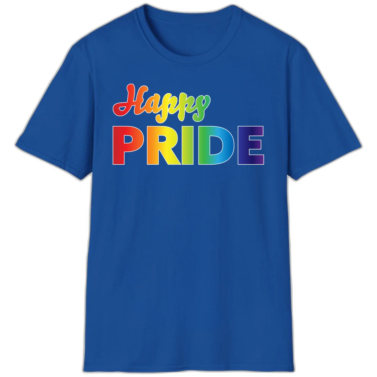 Happy pride rainbow gradient text design with colorful letters transitioning from red to purple in Royal