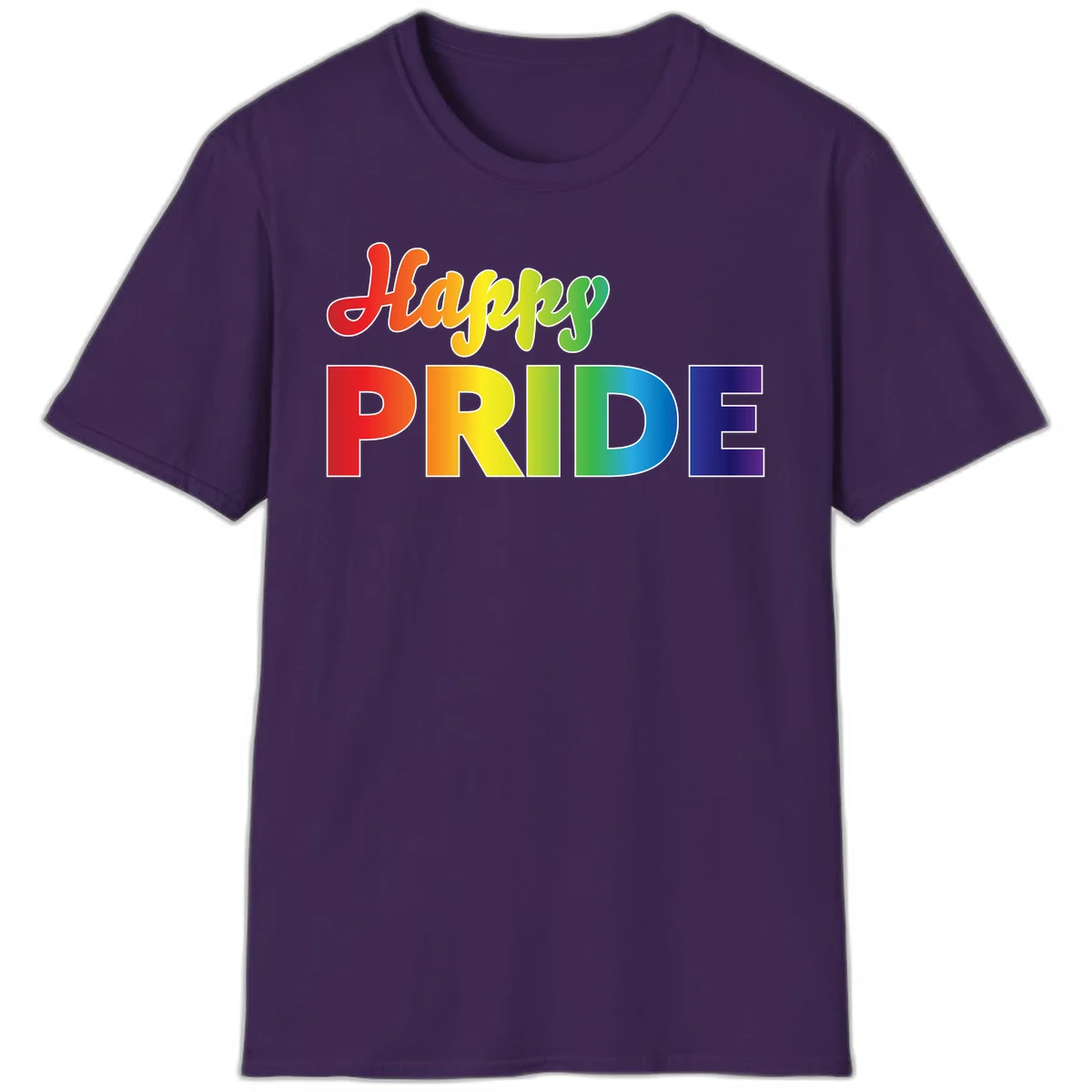 Happy pride rainbow gradient text design with colorful letters transitioning from red to purple in Purple