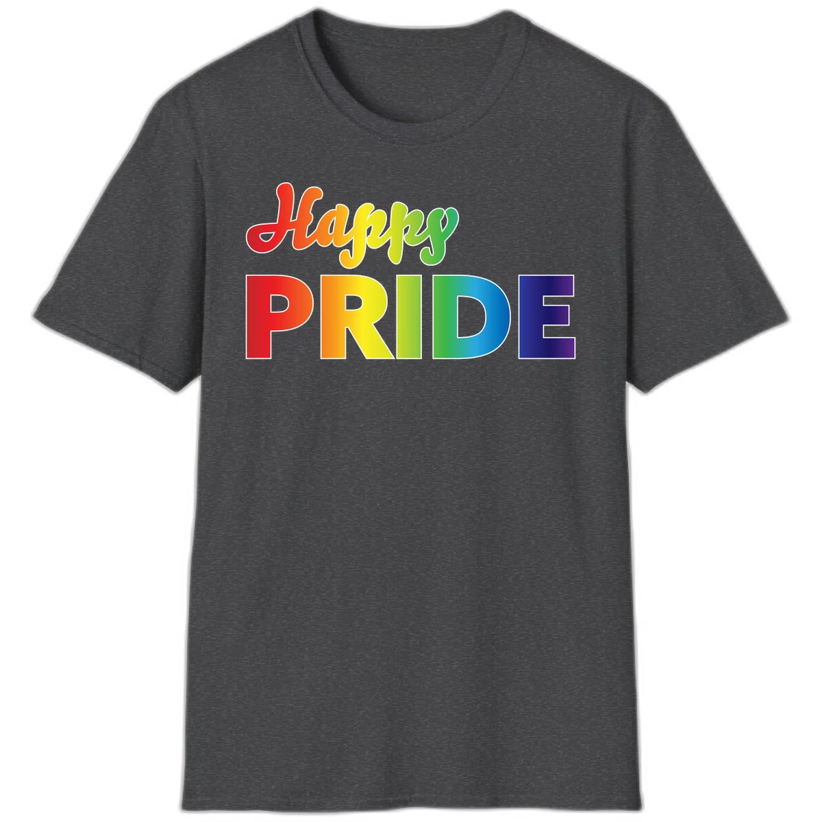 Happy pride rainbow gradient text design with colorful letters transitioning from red to purple in Dark Heather