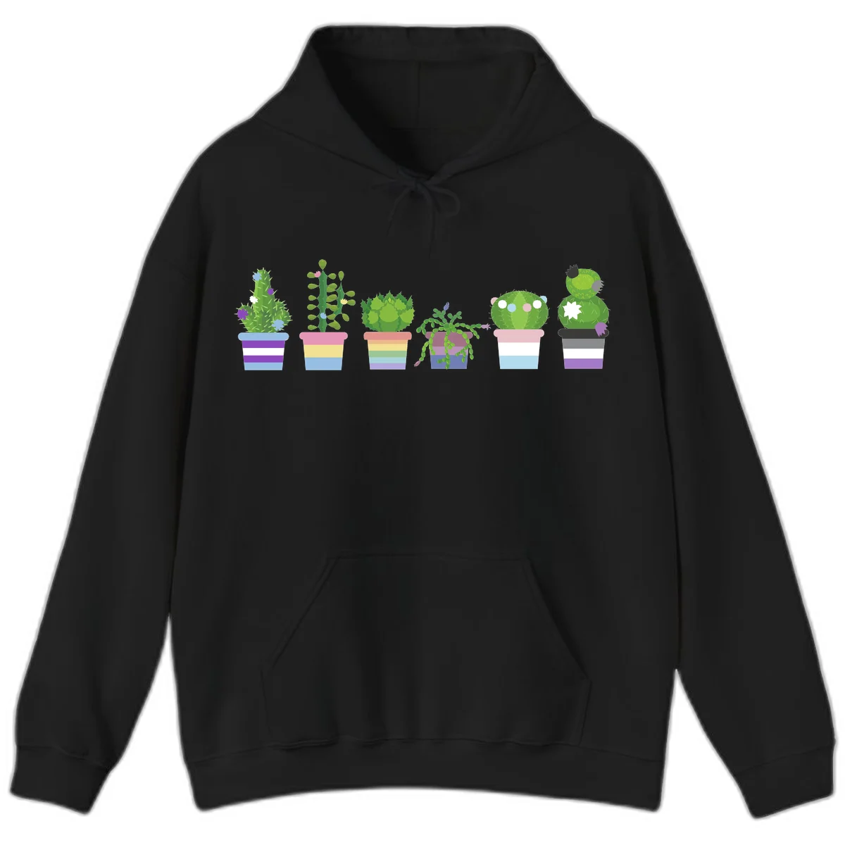 Six illustrated cacti and succulents in rainbow-striped pots with colorful blooms and spikes in Black