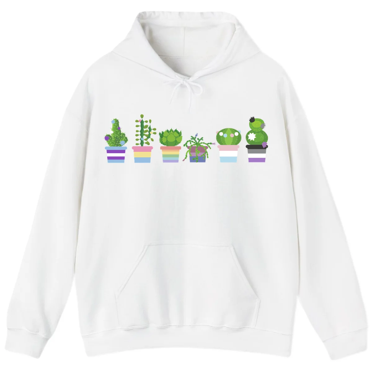 Six illustrated cacti and succulents in rainbow-striped pots with colorful blooms and spikes in White