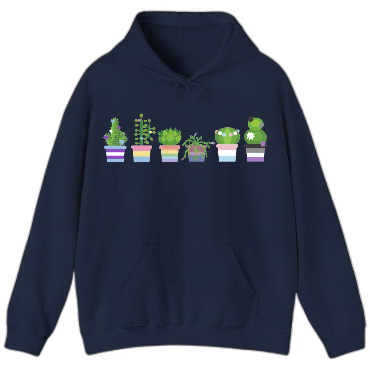 Six illustrated cacti and succulents in rainbow-striped pots with colorful blooms and spikes in Navy