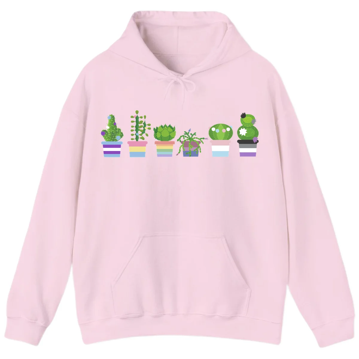 Six illustrated cacti and succulents in rainbow-striped pots with colorful blooms and spikes in Light Pink