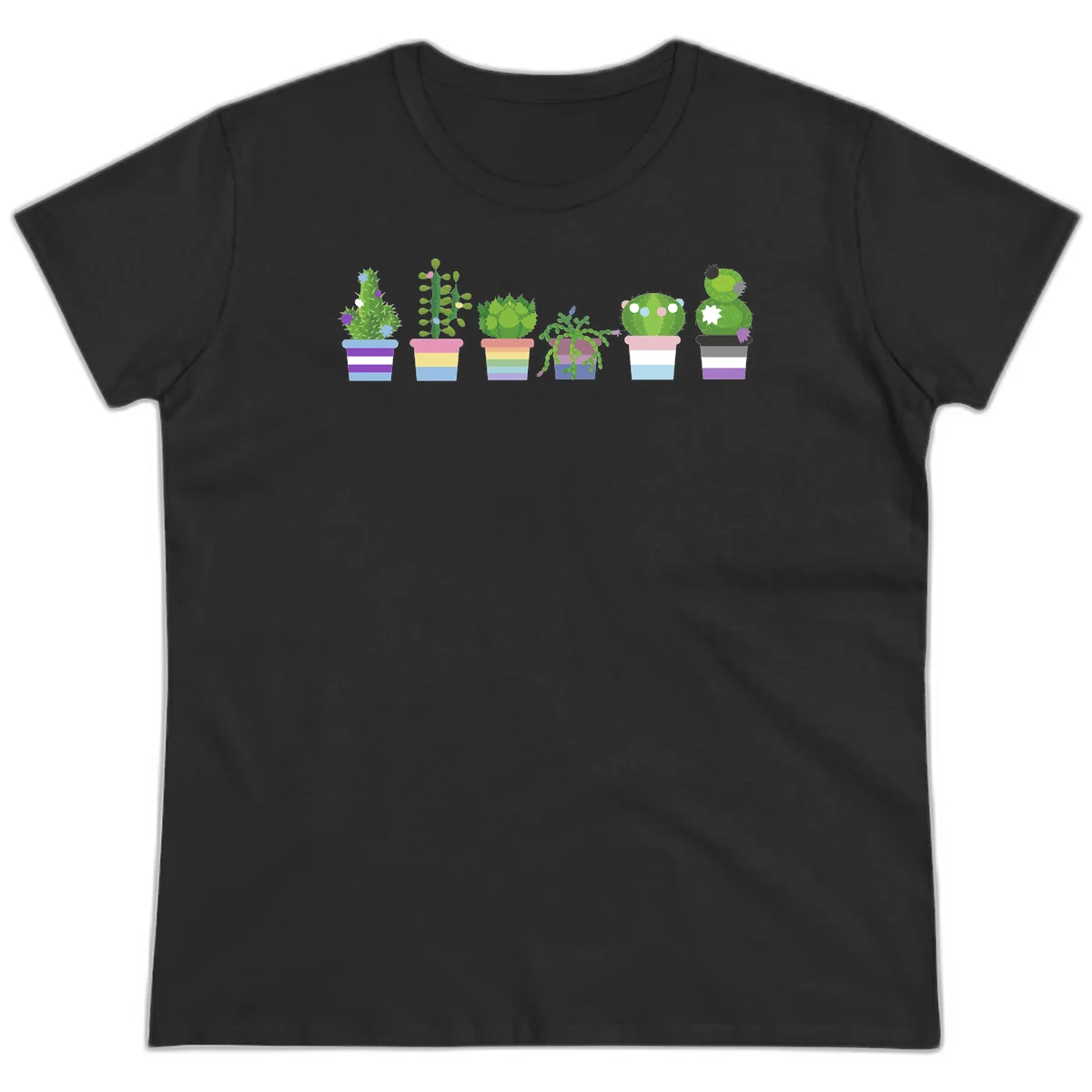 Six illustrated cacti and succulents in rainbow-striped pots with colorful blooms and spikes in Black