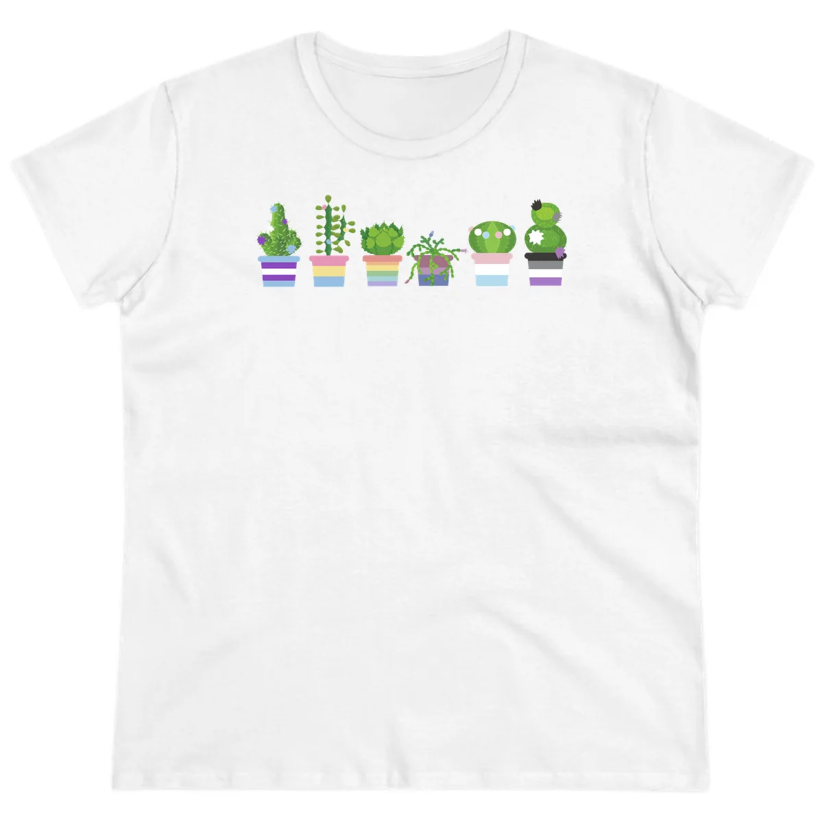 Six illustrated cacti and succulents in rainbow-striped pots with colorful blooms and spikes in White