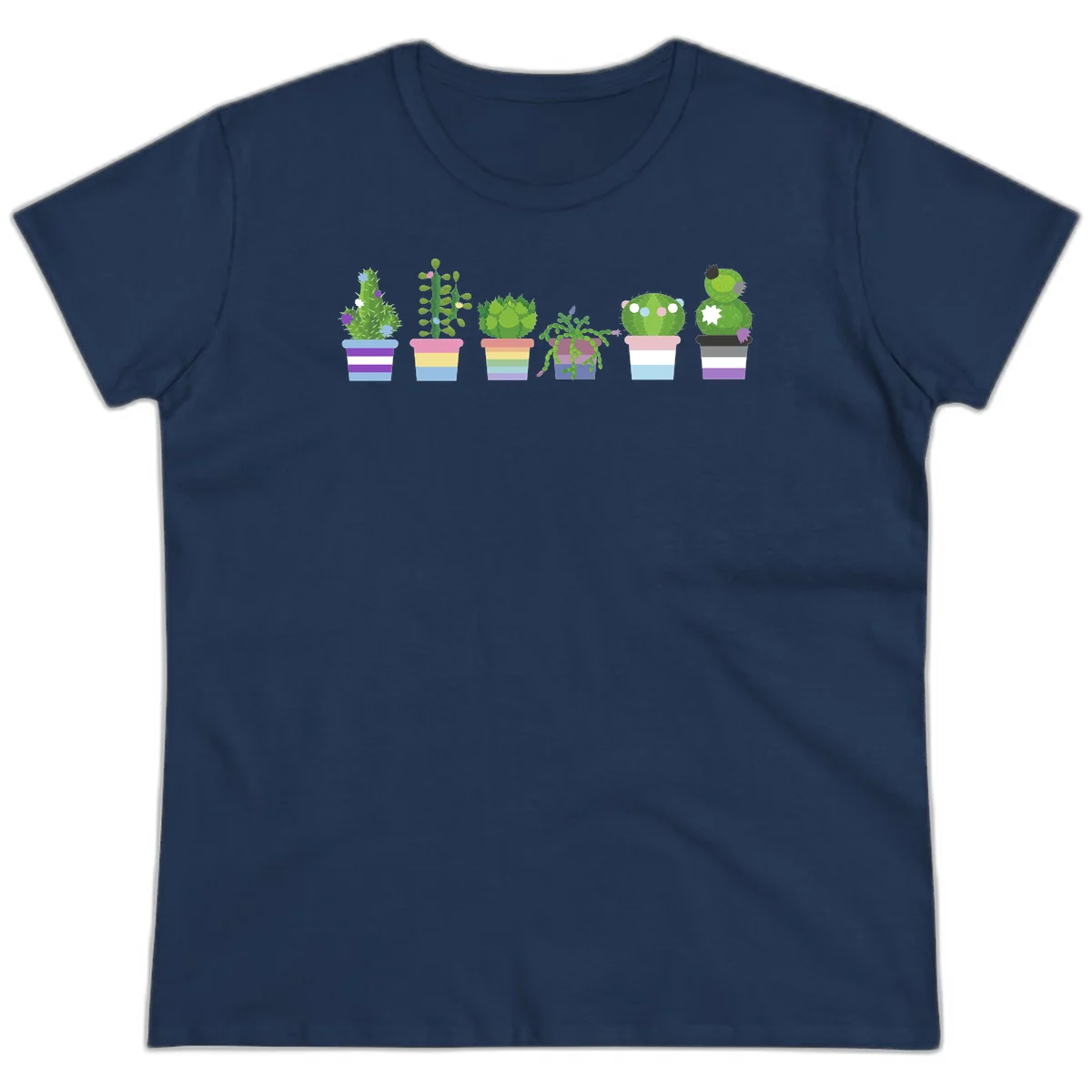 Six illustrated cacti and succulents in rainbow-striped pots with colorful blooms and spikes in Navy