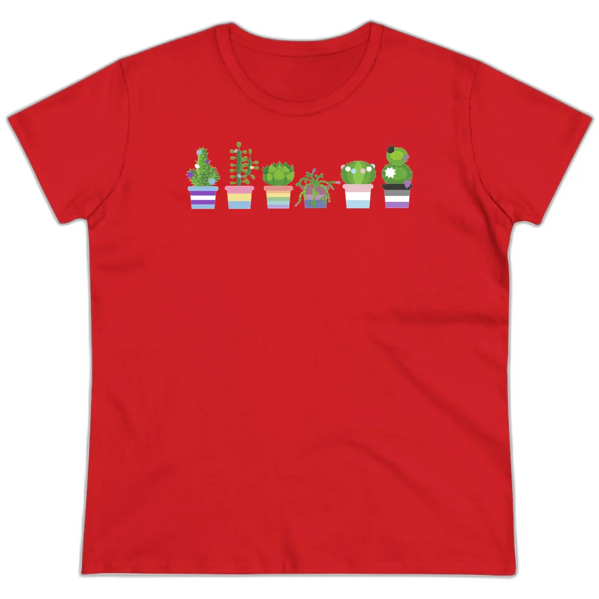 Six illustrated cacti and succulents in rainbow-striped pots with colorful blooms and spikes in Red